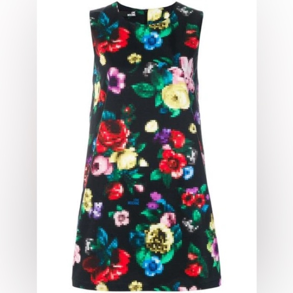 Love Moschino Black Floral Shift Dress with Multicolor Blooms